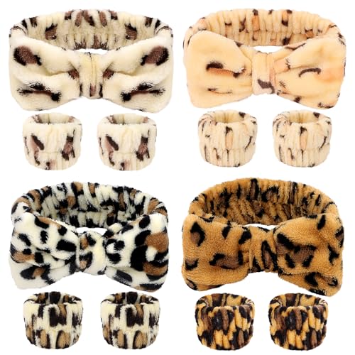 CIEHER 12 PCS Makeup Headband for Women Wrist Washband Scrunchies Cuffs for Washing Face, Soft Leopard Print Spa Headband Matching Wristbands - color: Leopard Print
