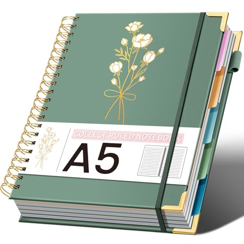 Ovesmusl 5-Subject Hardcover Spiral Notebook, 6.1" x 8.4", College Ruled - color: Green, size: 8.4"x6.1"