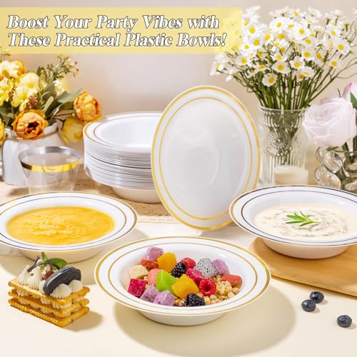 BESTSTAR 50 Pack Disposable Soup Bowls with Gold Rim - color: Gold, size: 50 pack