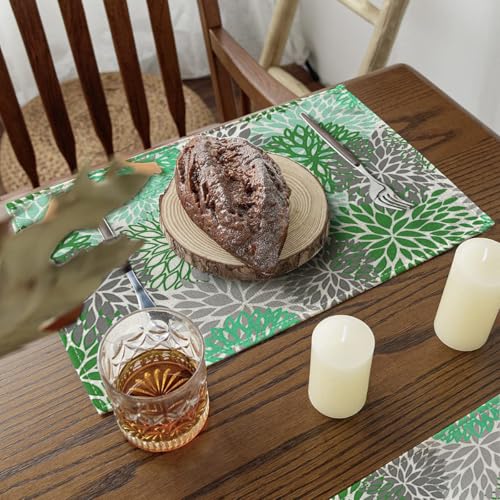 Ansouyi Placemats Set of 6, Green and Gray Dahlia Flower Washable Heat Resistant Linen Table Mats, Kitchen Decor Non-Slip Place Mats for Party Dining, 12x18 Inch - color: Green and Gray