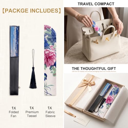 Japanese Folding Hand Fan for Women - Bamboo Silk Handheld Fan with Tassel & Pouch for Hot Flashes, Rave, Church, Gift,Wedding - Whisper-Quiet, Purse Size (Skura-Blue) - color: Skura-blue