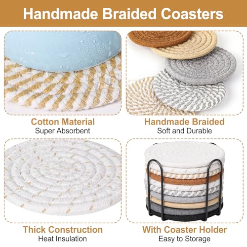 Billbotk 10 Pieces Coasters for Drinks, 10 Colors Absorbent Drink Coasters with Holder, Table Coaster Set for Home Decor, Apartment Decor Aesthetic, Living Room Essentials, 4.3 Inches - color: Gray & Brown