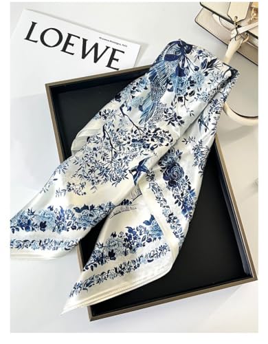 100% Mulberry Silk Scarfs Small Square Scarf 21"x21" Neck Scarf for Women - color: 3-blue White Flowers