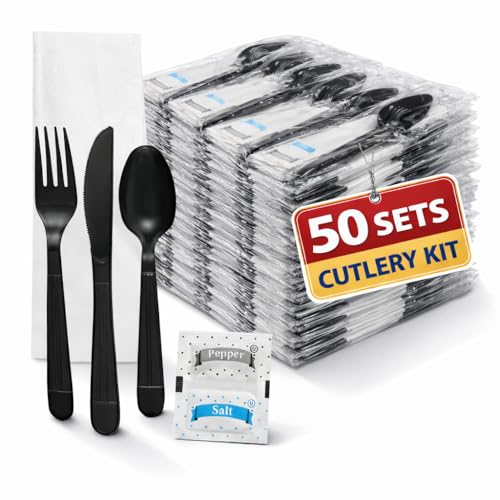 Cutlery Set Disposable Packet, Plastic Individually Wrapped Utensils Set – Knife, Fork, Teaspoon, Napkin, Salt & Pepper for (Parties, Dinners, Catering Services, Takeout) Black, 50 Pack