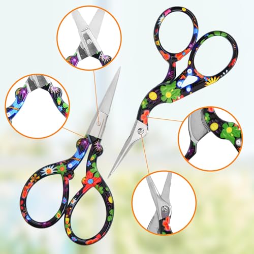 AQUEENLY Embroidery Scissors Vintage 2 Pcs Stainless Steel Stork Scissors Small Sewing Scissor Sharp 3.6 Inches Crochet Scissor for artwork, Threading, Needlework, Black Flower Style - color: Black Flower