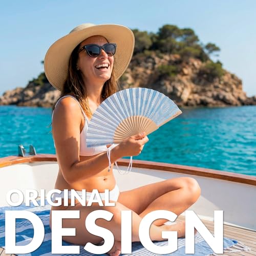 Fisura – Original Folding Fan with Seashell Print, Modern and Colourful Folding Handheld Fan, Blue Design for Wedding, Rave, Festival - Includes Strap. Size: 42.5 x 23 cm - color: Seashell, Blue