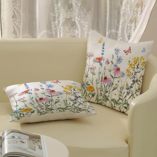 Spring Floral Pillow Covers 18x18 Pack of 2 Botanical Herbs Flower Throw Pillow Covers Outdoor Decoration Pillowcase Farmhouse Decorative Square Linen Cushion Case for Couch Sofa - color: Botanical Herbs 1, size: 18" x 18" (Pack of 2)