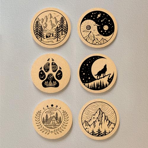 Coasters for Drinks with Holder Set of 6, Mountain Cork Coaster Absorbent Wood for Cup Desk Office Table Kitchen Decor House Warming Gifts for New Home Couples, Round 4" - color: Mountain