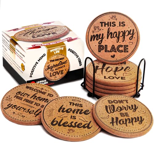 Cork Coasters for Drinks Absorbent with Holder - Cute & Funny Set of 8 Large Round Outdoor Cup Wooden Table Protection, Coffee Trivet, Cups and Mugs Cool Drink Coaster Gift