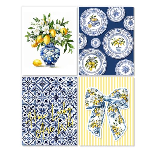 LUKIPOM Chinoiserie Lemon Summer Bow Wall Art Posters Set of 4,Amalfi Coast Grandmillennial Home Decor,Blue and White Porcelain Lemon Tree Prints Artwork for Kitchen Wall Decor, 8x10 Unframed - color: Color 008