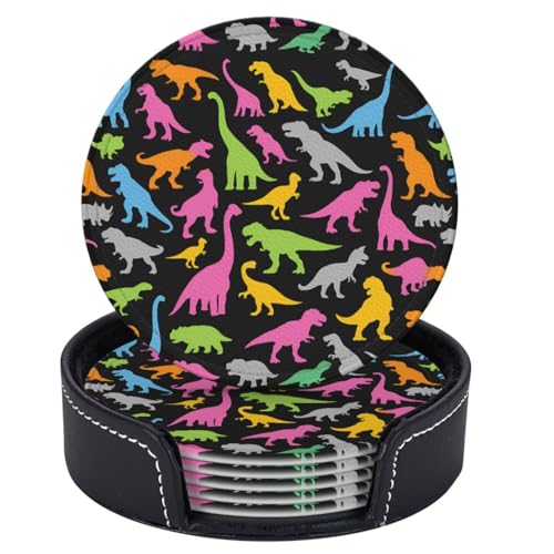 6 Pcs Leather Coasters for Drinks with Holder Cute Colorful Dinosaurs Coaster Sets Drink Table Cup Coasters for Kitchen Coffee Decor - color: Colorful Dinosaurs