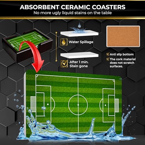 Soccer Field Ceramic Coasters with Holder. Absorbent Coaster for Drinks, Coaster Set, Table Coaster. Gift for Men, Football Decorations, Party Favors - color: Soccer