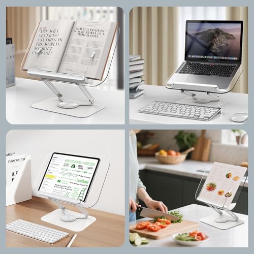 Acrylic Book Stand for Reading Hands Free - Adjustable 360° Rotating Cookbook Holder with Elastic Page Clips & Foldable Base, Multi-Angle Desktop Display Stand for Recipes, Textbooks, Tablets, Bibles - color: White