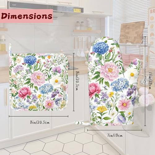 Watercolor Floral Oven Mitts and Pot Holders (4PCS),Wildflowers Heat Resistant Non-Slip Silicone Kitchen Gloves for Cooking, Baking, BBQ Waterproof Kitchen Accessories - color: Watercolor Floral Wildflowers