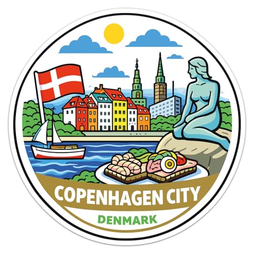 Cartoon Style Denmark Copenhagen City Sticker - Waterproof Outdoor Vinyl Decal, 5 Inch - color: Cartoon Style Denmark Copenhagen City, size: 5'' longer side