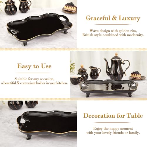DUJUST Porcelain Serving Tray with Handles, Luxury British Style Coffee Table Tray with Golden Rim, Beautiful Tea Tray Decor for Living Room, Easy to Use & Clean - Black - color: Golden Rim: Black