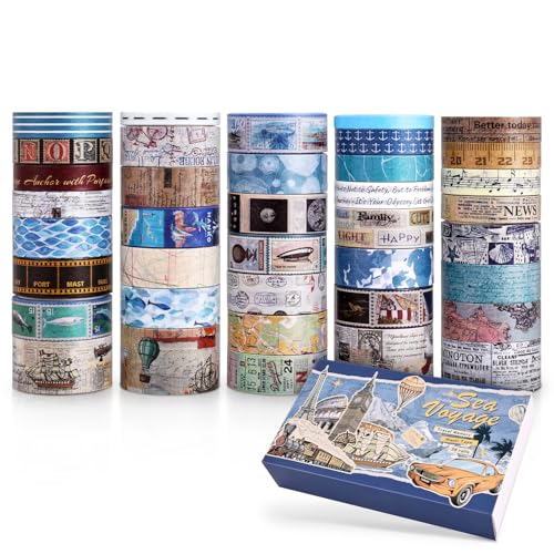 38 Rolls Vintage Washi Tape Set, Vintage Travel Stamp Map Scenery Art Letter Writable Decorative Tapes for Scrapbooking , Junk Journal Supplies, Bullet Journaling 5-25mm Wide 9.84ft long/Roll - style: Travel Memory