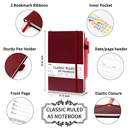feela 24 Pack Journal Notebook for Work, Business Notebook Bulk Hardcover Lined Writing Journal with Pen Holder for Men Women Note Taking, with 24 Black Pens, 120 GSM, 5.1”x8.3”, A5, Wine - color: 24 Pack wine