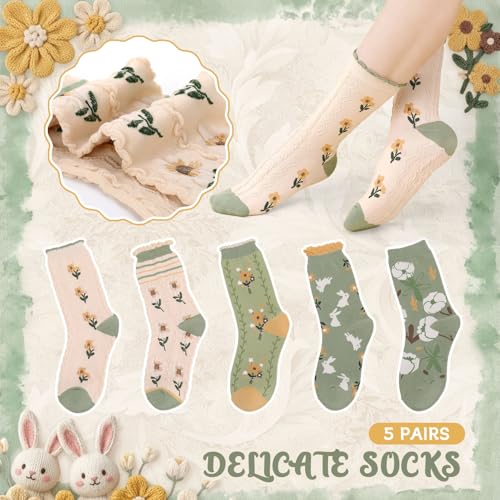5/6 Pair Crew Socks for Women Floral Socks - color: Green White
