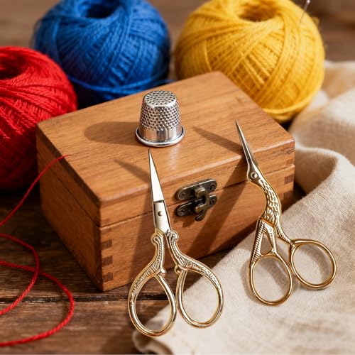 AQUEENLY Embroidery Scissors, Stainless Steel Sharp Stork Scissors for Sewing Crafting, Art Work, Threading, Needlework - DIY Tools Dressmaker Small Shears - 2 Pcs (3.6 Inches, Gold) - color: Gold