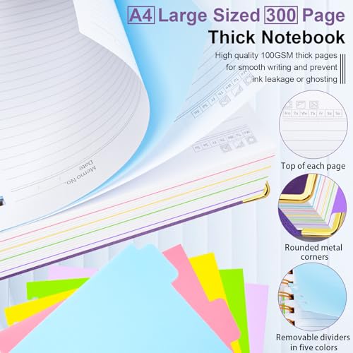 Hardcover Spiral Notebook 8.5"x11" Journal Notebook with Tabs and Removable Dividers 300 Pages 5 Subject Notebook College Ruled, Faux Leather Spiral Bound Notebook for Women School Work (Purple) - color: Purple, size: 8.5"x11"(A4)