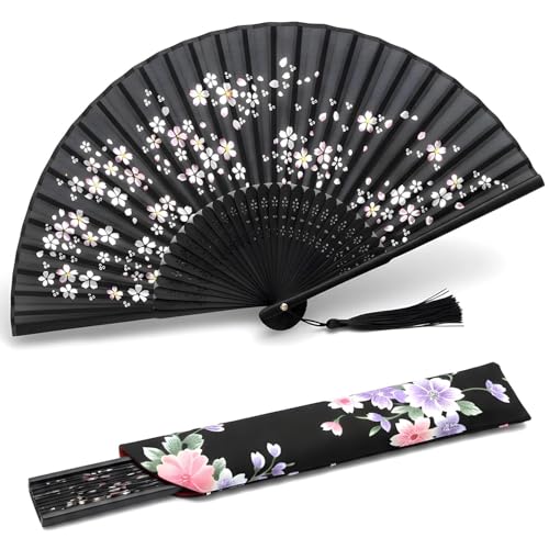 Lysa Hand Fan for Women Foldable - Portable Folding Japanese Chinese Fan - for Hot Flashes, Summer Cooling, Festivals, Church, Dancing (Black Sakura) - color: Black Sakura