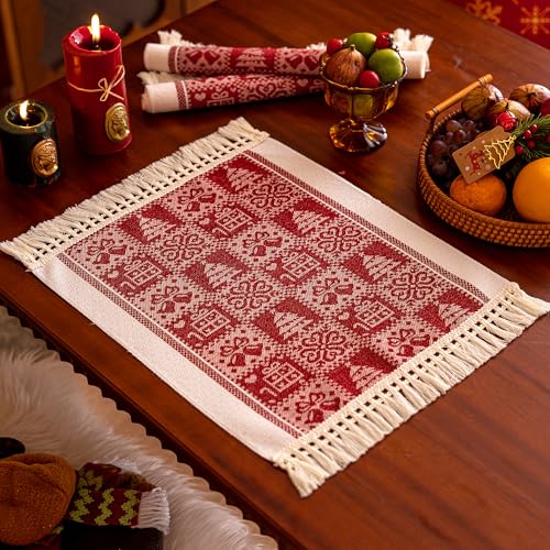 Christmas Placemats Set of 4, 14x18 Inch Heat Resistant Dinner Mats - color: Red Sds