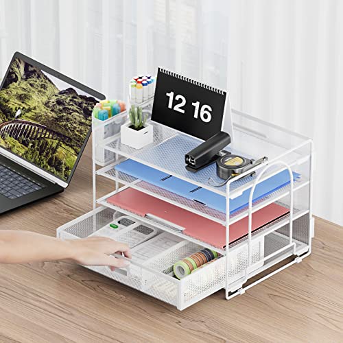 Marbrasse Desk Organizer, 4-Tier Paper File Letter Tray, White - color: White with Pen Holder