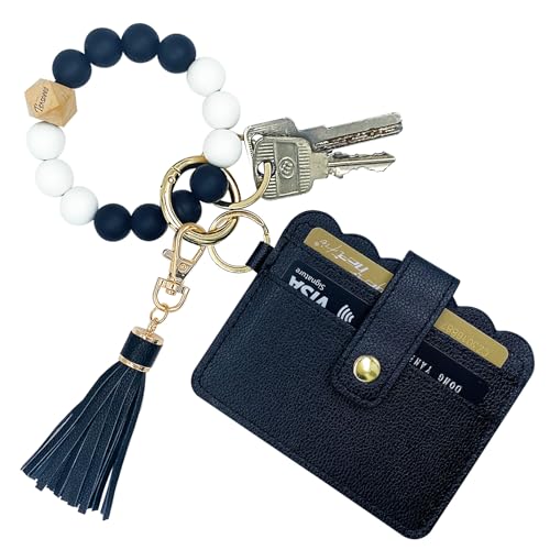 Keychain Wallet Wristlet Small Credit Card Holder Bracelet Key Chain Purse Bangle Tassel Beads Key Rings for Women - color: 01-black a