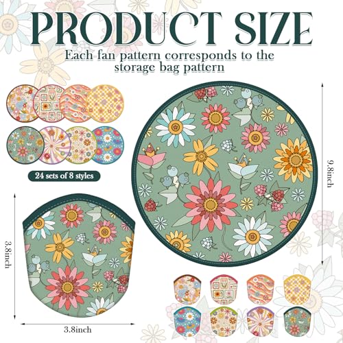 Gejoy 24 Pcs Hippie Retro Foldable Disc Fans Flying Disc Hand Fan 8 Style - color: Hippie Retro