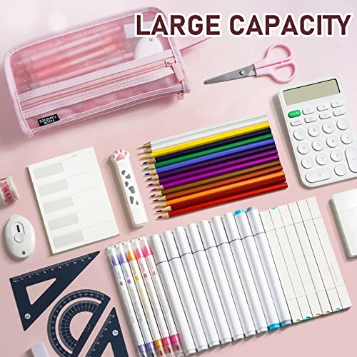 Four Candies Grid Mesh Pencil Case, Clear Double-layer with Handle (Pink) - color: Pink