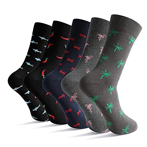 Mens Dress Socks, 5 Pair Combed Cotton Colorful Patterned Funny Crew Socks for Men Comfort - color: Animal