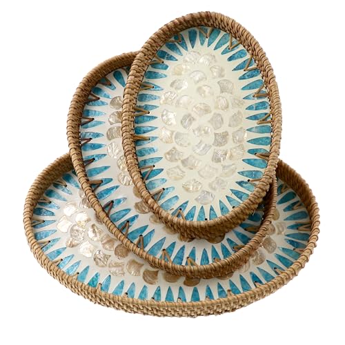 Oval Rattan Mother of Pearl Serving Tray, 3 Sizes Wicker Woven Coffee Table Tray with Wooden Base for Fruit Snack Breakfast Party Picnic Cafe Kitchen Home Decor (Blue White Scale) - color: Blue White Scale