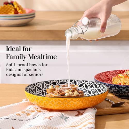 DOWAN 10" Vibrant Pasta, Salad & Soup Serving Bowls Set of 4, Embossed Large Porcelain Ceramic, Microwave & Dishwasher Safe, Bonita Design Dinnerware Dishes for Daily Dining, Family Gatherings, Party - size: 10 IN