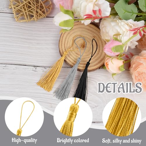 100 Pcs Bookmark Tassels Bulk Gold Silver Black Soft Craft Silky Handmade Mini Tassels for Jewelry Making with Loops for DIY Craft Accessory Dress Decoration - color: Gold Silver Black