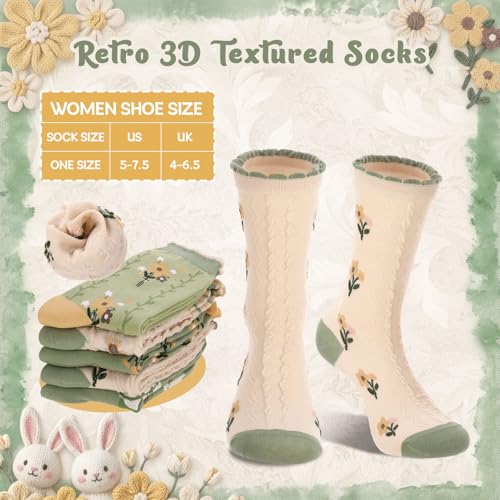 5/6 Pair Crew Socks for Women Floral Socks - color: Green White