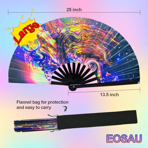 EOSAU Large UV Glow Rave Fan, Folding Hand Fans for Line Dancing, Waves - color: 13" Waves