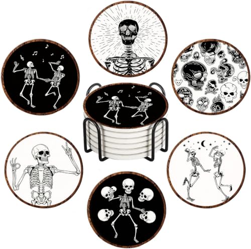 Nikyi 6 Pcs Skull Halloween Ceramic Coasters, Round Absorbent Drink Coaster with Metal Holder and Cork Base, Gothic Skeleton White Black Coaster for Coffee Table Kitchen Office Home Decor Gifts - color: Gothic Skull