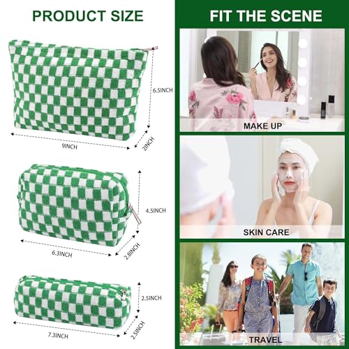 EIMMBD Makeup Bag 3 Pieces Large Capacity Checkered Cosmetic Bags Travel Toiletry Bag Organizer Cute Makeup Pouch Storage for Women (Green) - color: Green