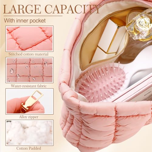 Hillban Light Pink Puffy Quilted Makeup Bag Cute Cosmetic Bag Gift, Classic - color: Light Pink, size: Classic