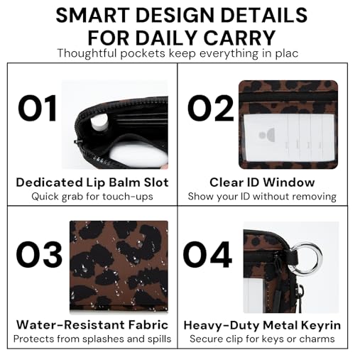 Wristlet Wallet for Women with Clear ID Window, Zip Coin Purse and Keychain - color: Brown Leopard Print
