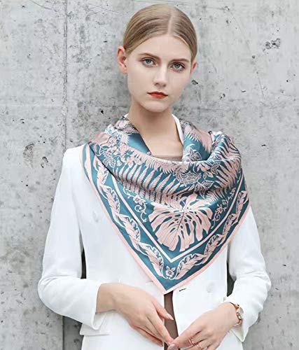 ANDANTINO 100% Mulberry Silk Scarf -Women 35" Square Hair Wraps-Gift Packed - color: Blue & Pink Leaves