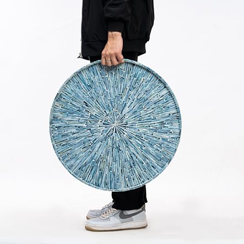 PEMAR 22" Round Mother of Pearl Extra Large Ottoman Tray with Raised Edge, Oversized Decorative Luxury Wooden Serving Tray for Food, Coffee Table, Breakfast in Bed (Blue Sunlight) - color: Blue Sunlight