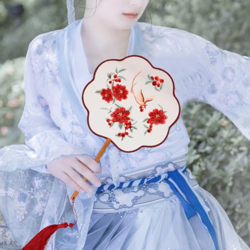PRETYZOOM Double-Sided Silk Embroidery Fan, 13.38 x 7.95 in, Red Flower Phoenix Design, Handheld & Foldable for Traditional Decor, Dance & Summer Events, for Women