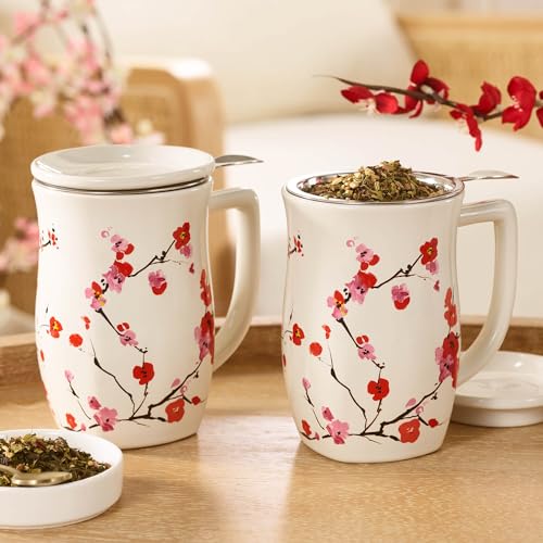 Tea Forte Ceramic Fiore Tea Cup with Infuser, Sakura, 14 oz - color: Sakura