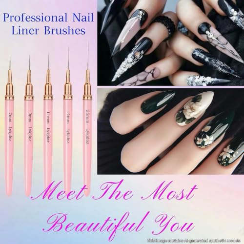 8Pcs Nail Art Brushes Set, 5 Art Liners & 3 Multi-Shape Gel Builder Brushes - color: Pink