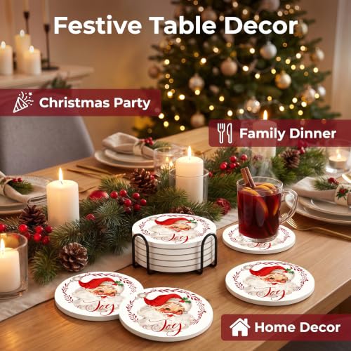 Nikyi 6 Pcs Christmas Red Santa Ceramic Absorbent Coasters, Round Drink Coaster with Metal Holder and Cork Base, for Coffee Table Kitchen Bedroom Living Office Desk Home Decor - color: Red Santa Claus