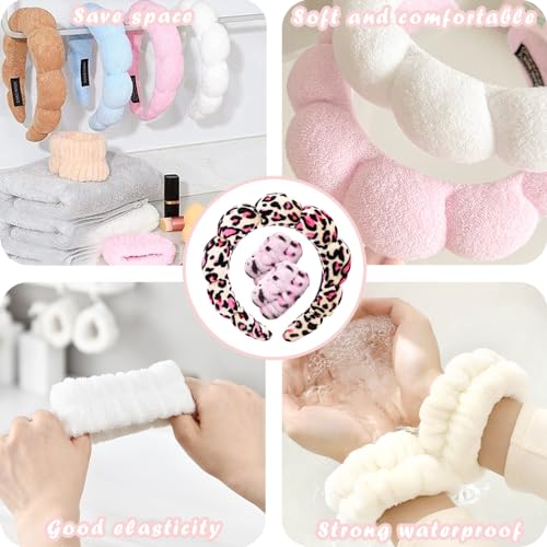 Tetizo Spa Headbands for Washing Face Wristband Set Sponge Makeup Skincare Headband Wrist Towels Bubble Soft Terry Towel Cloth Hairband for Women Puffy Headwear Non Slip Thick Thin Hair Headwear - color: Leopard Red