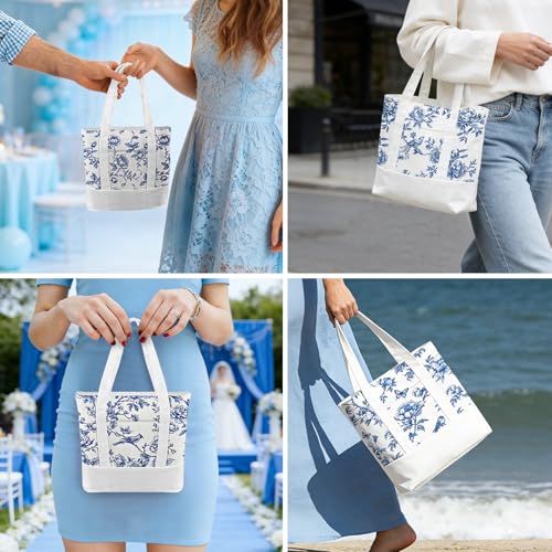 6 Pcs Mini Floral Bow Tote Bags for Women White Canvas Tote Bag Bulk Reusable Coquette Bags for Wedding Party Favor - color: Blue Floral