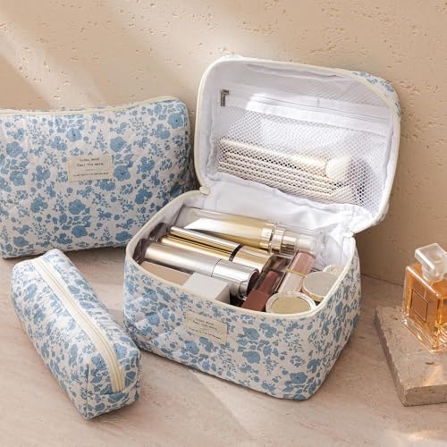 HBselect Quilted Makeup Bag, 3Pcs Cotton Large Travel Makeup Bags Organizer - color: A-3PCS-Floral 6